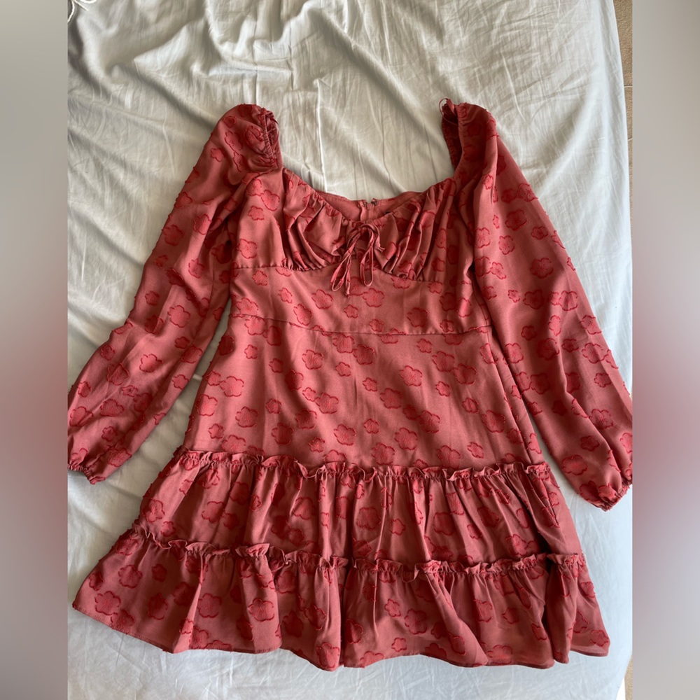Red Long Sleeve Dress with Flower Pattern